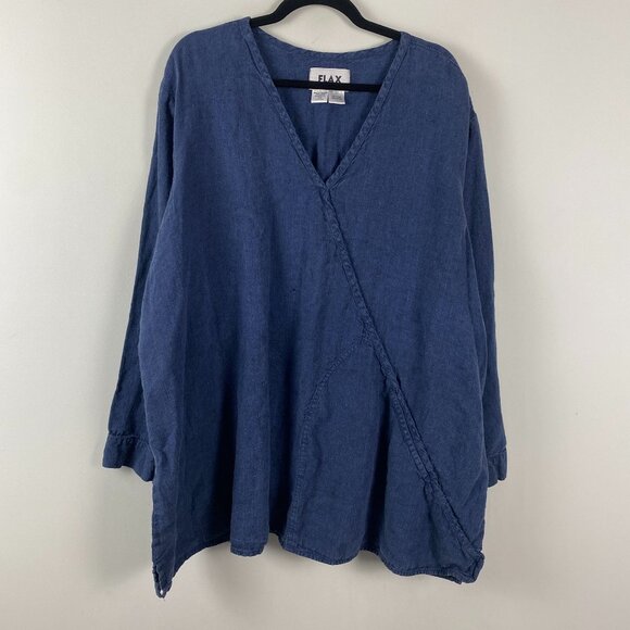 FLAX Linen Tunic Size 3G 3X Lagenlook Blue Long Sleeve V Neck - Picture 1 of 9